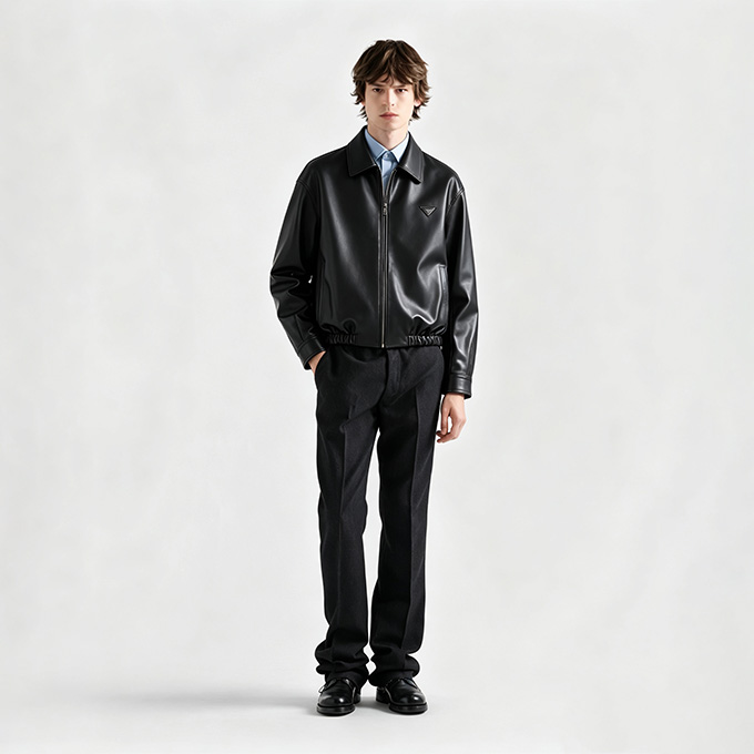 prada suede leather point collar full zip bomber jacket